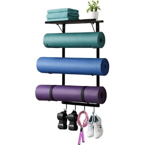 Yoga Mat Holder Wall Mount, Wall Mounted Yoga Mat Storage Rack with Shelf & Hooks, Home Gym Yoga Accessory Organizer for Mats, Foam Roller, Bands & Workout Equipment in Kuwait