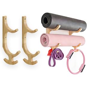 Wooden Yoga Mat Holder Wall Mount with Hooks, Yoga Mat Rack for Mats, Resistance Bands, Jump Ropes, Space Saving Storage for Home Gym, Studio, Apartment, Wood Grain, 16.2x9.9 Inches in Kuwait