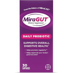 من صانعي MiraLAX، MiraGUT Daily Probiotic، بروبيوتيك لصحة الجهاز الهضمي، مكمل غذائي خالي من الغلوتين، بروبيوتيك للنساء والرجال، يدعم صحة الجهاز الهضمي بشكل عام، 30 قيراط in Kuwait