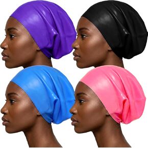 قبعات سباحة كبيرة جدًا من السيليكون مكونة من 4 قطع للشعر الطويل والضفائر والمجدل والوصلات - قبعات حمام سباحة مقاومة للماء للنساء والرجال (أسود، أزرق بحيرة، أرجواني غامق، وردي) in Kuwait