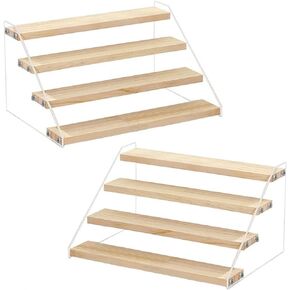 2 Pack 4 Tier 12 Inch Acrylic Wooden Display Stand, Clear Acrylic Display Riser Shelf Wood Tiered Display Shelf Rack Step Ladder Riser Stands for Cupcakes Perfumes Figures Collectibles in Saudi Arabia