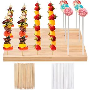 IHKFILAN 30 Holes Wooden Skewer Display Holder,Rectangle Fruit Kabobs Skewers Stand,Catering Appetizer Fruit Pick Stand Skewers,Wheat Color Wood Lollipop Holder for Baby Shower Birthday Cocktail Party in Kuwait
