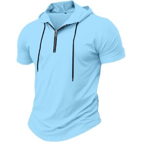 بلوفر رجالي بسحاب ربع - قميص رجالي بأكمام قصيرة وغطاء للرأس للتمرين الرياضي وملابس لياقة بدنية ناعمة وقابلة للتمدد in Kuwait