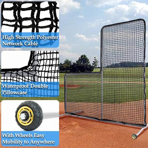 شاشة L للبيسبول مقاس 7 × 7 أقدام لممارسة الرمي، شاشة أمان محمولة للرمي مع عجلات، إطار فولاذي واقي واقي لتدريبات الفناء الخلفي لقفص الضرب، والمدربين، وتدريب الشباب in Kuwait