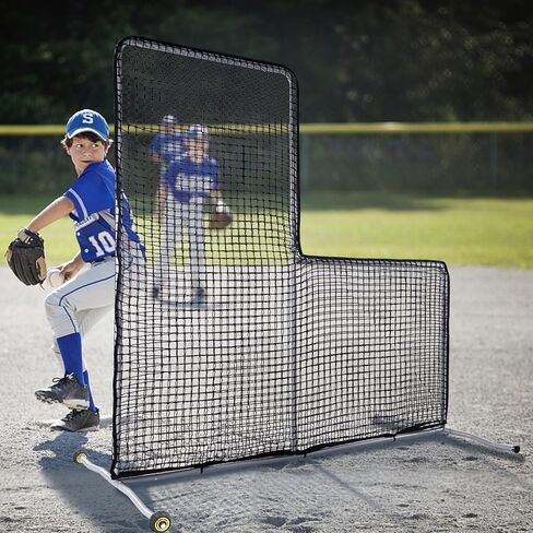 شاشة L للبيسبول مقاس 7 × 7 أقدام لممارسة الرمي، شاشة أمان محمولة للرمي مع عجلات، إطار فولاذي واقي واقي لتدريبات الفناء الخلفي لقفص الضرب، والمدربين، وتدريب الشباب in Kuwait