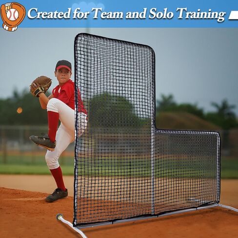 شاشة L للبيسبول مقاس 7 × 7 أقدام لممارسة الرمي، شاشة أمان محمولة للرمي مع عجلات، إطار فولاذي واقي واقي لتدريبات الفناء الخلفي لقفص الضرب، والمدربين، وتدريب الشباب in Kuwait