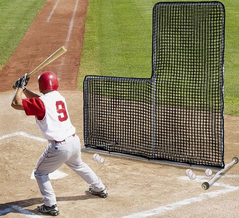 شاشة L للبيسبول مقاس 7 × 7 أقدام لممارسة الرمي، شاشة أمان محمولة للرمي مع عجلات، إطار فولاذي واقي واقي لتدريبات الفناء الخلفي لقفص الضرب، والمدربين، وتدريب الشباب in Kuwait