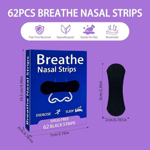 Nasal Strips for Snoring, 62 Count Extra Strength Nose Strips for Breathing, Hypoallergenic Snore Strip, Anti Snore, Improved Airflow, Universal Fit, Nasal Congestion Relief & Snoring Solution in Kuwait