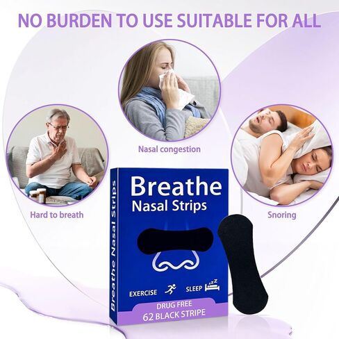 Nasal Strips for Snoring, 62 Count Extra Strength Nose Strips for Breathing, Hypoallergenic Snore Strip, Anti Snore, Improved Airflow, Universal Fit, Nasal Congestion Relief & Snoring Solution in Kuwait