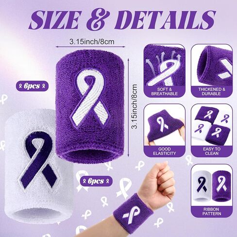Ramede 12 Pcs Purple Ribbon Cancer Awareness Sweatband Epilepsy Awareness Sport Wristband Domestic Violence Pancreatic Cancer Embroidery Accessories for Pancreatic Alzheimers Prevent Party in Saudi Arabia