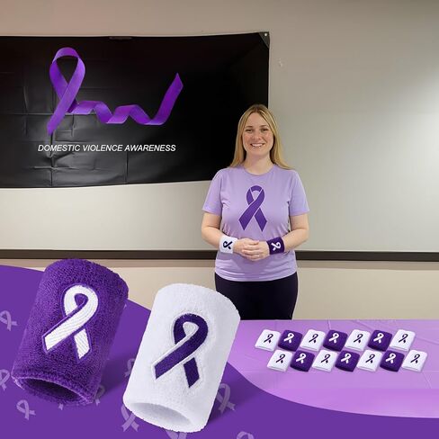 Ramede 12 Pcs Purple Ribbon Cancer Awareness Sweatband Epilepsy Awareness Sport Wristband Domestic Violence Pancreatic Cancer Embroidery Accessories for Pancreatic Alzheimers Prevent Party in Saudi Arabia
