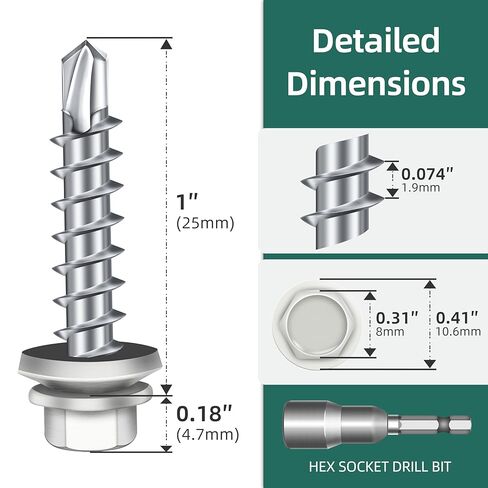 100-pack #10 x 1-1/2 Hex Head Self-Drilling Metal Roofing Screws with EPDM Washer, Zinc Plated Wood Screws, Self Tapping Sheet Metal Roof Screws (Diamond Point) in Kuwait