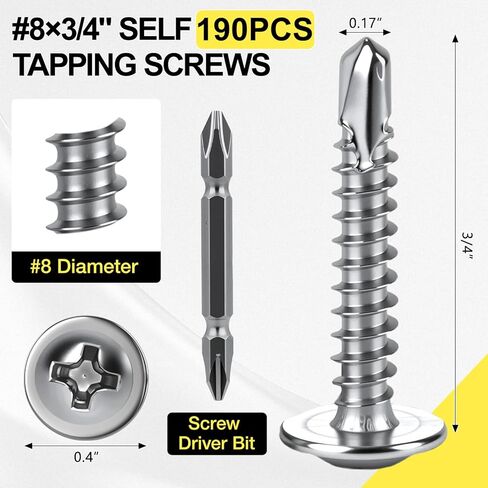 190 Pcs (#8 x 3/4" /4.2x19) Philips Truss Head Self Tapping Sheet Metal Screws,410 Stainless Steel Self Drilling Screws for Metal, Fast Self Tapping Screws,with Screw Driver Bit in Saudi Arabia