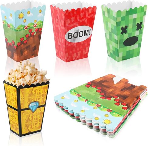 24 Pcs Popcorn Boxes Pixel Miner Theme Popcorn Bags Green Brown Red Party Decorations, Candy Snack Food Containers for Home Movie Theater Birthday Game Theme Party in Kuwait