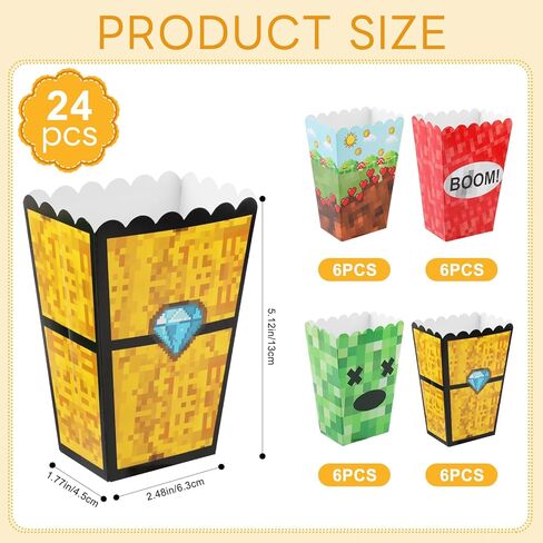24 Pcs Popcorn Boxes Pixel Miner Theme Popcorn Bags Green Brown Red Party Decorations, Candy Snack Food Containers for Home Movie Theater Birthday Game Theme Party in Kuwait