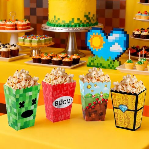 24 Pcs Popcorn Boxes Pixel Miner Theme Popcorn Bags Green Brown Red Party Decorations, Candy Snack Food Containers for Home Movie Theater Birthday Game Theme Party in Kuwait