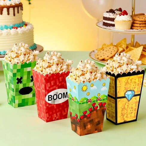 24 Pcs Popcorn Boxes Pixel Miner Theme Popcorn Bags Green Brown Red Party Decorations, Candy Snack Food Containers for Home Movie Theater Birthday Game Theme Party in Kuwait