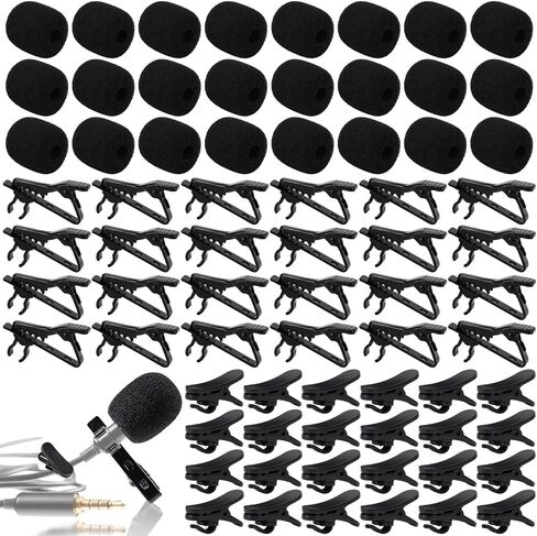 Konohan 24 Set Lavalier Microphone Replacement Kit 24 Pcs Lavalier Metal Tie Mic Clips 24pcs Windscreen Foam Cover and 24 Pcs Plastic Cable Clips for Lapel Mic Recording Video Live Streaming, Black in Saudi Arabia