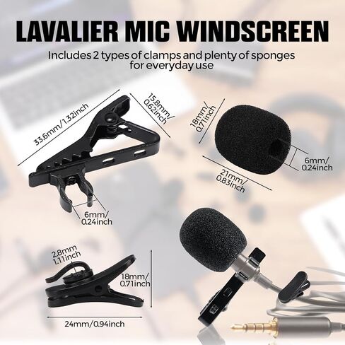 Konohan 24 Set Lavalier Microphone Replacement Kit 24 Pcs Lavalier Metal Tie Mic Clips 24pcs Windscreen Foam Cover and 24 Pcs Plastic Cable Clips for Lapel Mic Recording Video Live Streaming, Black in Saudi Arabia