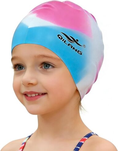 قبعة سباحة للأطفال - قبعة سباحة مقاومة للماء من السيليكون بنسبة 100% للفتيات والأولاد والمراهقين، تحافظ على الشعر جافًا وناعمة للشعر الطويل والقصير in Kuwait