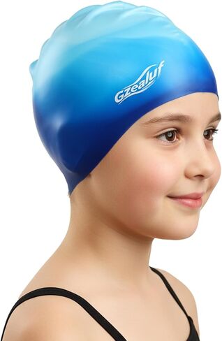 Swim Cap Kids - Silicone Swimming Cap for Girls Boys Teens Toddler Aged 3-15, Comfortable Fit Kids Swim Cap for Long Hair and Short Hair, Gradient Color in Saudi Arabia