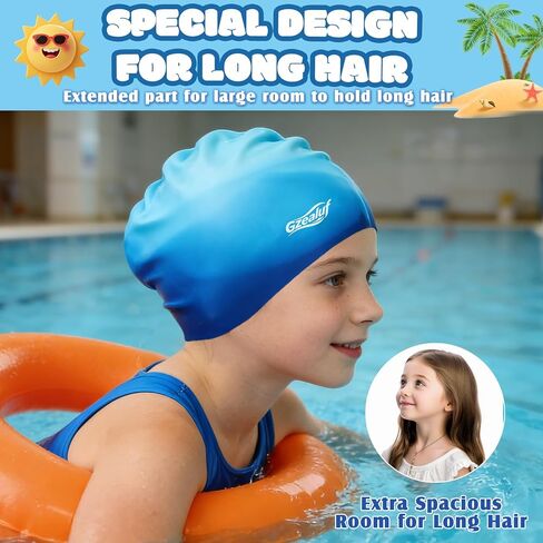 Swim Cap Kids - Silicone Swimming Cap for Girls Boys Teens Toddler Aged 3-15, Comfortable Fit Kids Swim Cap for Long Hair and Short Hair, Gradient Color in Saudi Arabia