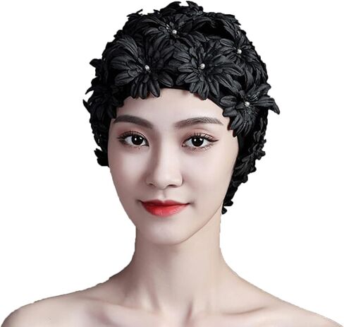 PURFUN خمر 3D الزهور قبعة السباحة للنساء، تنفس النسيج الأزهار سبا شاطئ حمام سباحة قبعات السباحة للشعر القصير الطويل in Kuwait