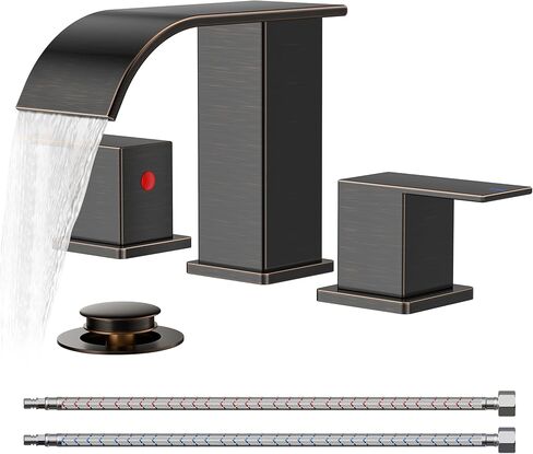 FORIOUS Square Matte Black Bathroom Faucets 3 Hole, Waterfall 8 Inch Widespread Bathroom Sink Faucet with Metal Pop-up Drain and Supply Lines, Two Handles for Vanity, RV, Farmhouse in Kuwait