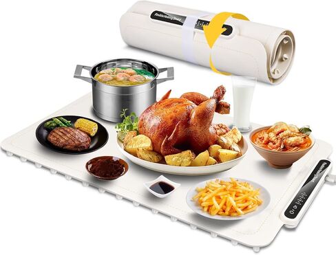 Qimh Food Warming Mat, Silicone Food Warmer for Parties Buffet, Full Surface Electric Warming Tray with 4 Temps & 10s Rapid Heating, Portable Food Heater for Gathering, Kitchen, Everyday Use (Beige) in Kuwait