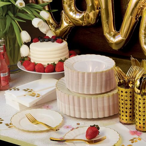 By Madee HEAVYWEIGHT 100 Pc I Scalloped Ivory and Gold Plastic Plates for Party | 50 Dinner & 50 Dessert Plates Disposable Heavy Duty | Elegant and Fancy for Wedding, Baby Shower, Bridal Shower in Saudi Arabia