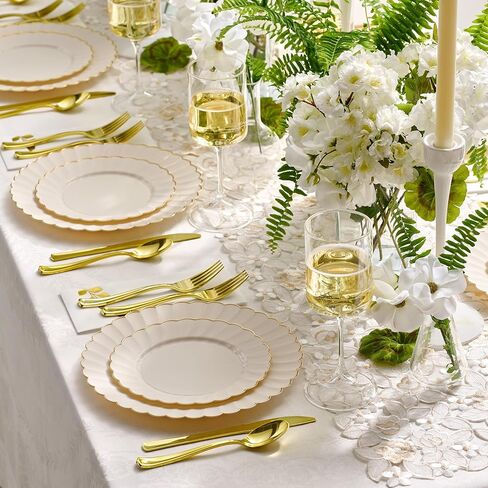 By Madee HEAVYWEIGHT 100 Pc I Scalloped Ivory and Gold Plastic Plates for Party | 50 Dinner & 50 Dessert Plates Disposable Heavy Duty | Elegant and Fancy for Wedding, Baby Shower, Bridal Shower in Saudi Arabia
