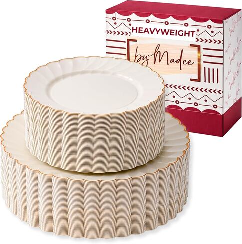 By Madee HEAVYWEIGHT 100 Pc I Scalloped Ivory and Gold Plastic Plates for Party | 50 Dinner & 50 Dessert Plates Disposable Heavy Duty | Elegant and Fancy for Wedding, Baby Shower, Bridal Shower in Saudi Arabia