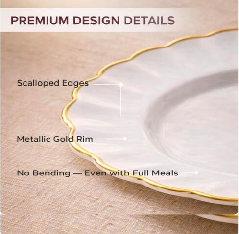 By Madee HEAVYWEIGHT 100 Pc I Scalloped Ivory and Gold Plastic Plates for Party | 50 Dinner & 50 Dessert Plates Disposable Heavy Duty | Elegant and Fancy for Wedding, Baby Shower, Bridal Shower in Saudi Arabia