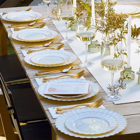 By Madee HEAVYWEIGHT 100 Pc I Scalloped Ivory and Gold Plastic Plates for Party | 50 Dinner & 50 Dessert Plates Disposable Heavy Duty | Elegant and Fancy for Wedding, Baby Shower, Bridal Shower in Saudi Arabia