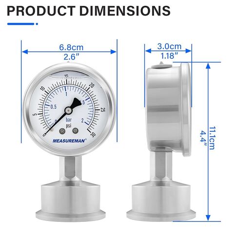 مقياس الضغط الصحي من الفولاذ المقاوم للصدأ من MEASUREMAN، قرص 2.5 بوصة، نطاق 0-30 رطل لكل بوصة مربعة، مملوء بالجلسرين، حامل سفلي بمشبك ثلاثي 1.5 بوصة in Saudi Arabia