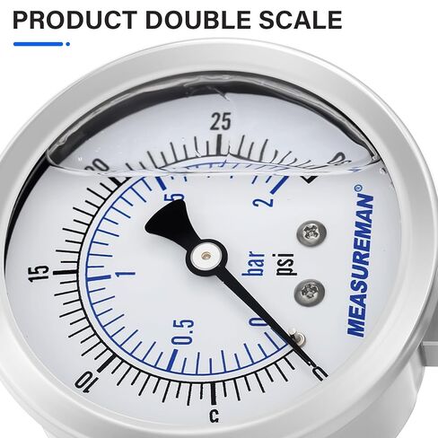 مقياس الضغط الصحي من الفولاذ المقاوم للصدأ من MEASUREMAN، قرص 2.5 بوصة، نطاق 0-30 رطل لكل بوصة مربعة، مملوء بالجلسرين، حامل سفلي بمشبك ثلاثي 1.5 بوصة in Saudi Arabia