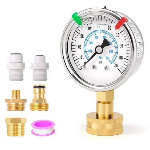 مجموعة قياس ضغط المياه من الفولاذ المقاوم للصدأ 0-100 رطل لكل بوصة مربعة، مقاس 2.5 بوصة، حامل سفلي أنثى نحاسية 3/4 بوصة، مع حلقة إغلاق، بالإضافة إلى 5 محولات، لفحص الحدائق وأنابيب المياه وأنظمة متعددة in Kuwait