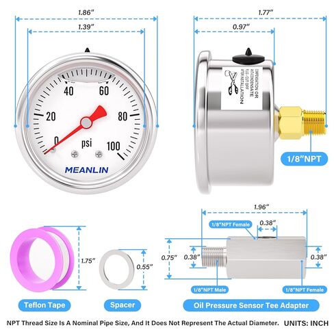 MEANLIN MEASURE 0~100Psi Stainless Steel Glycerin Filled Pressure Gauge 1/8" NPT 1.5" FACE DIAL, with 1/8 NPT Female to Male Oil Pressure Sensor Tee Adapter for Water Oil Air, Back Mount in Saudi Arabia