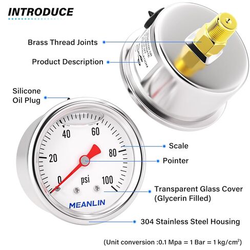 MEANLIN MEASURE 0~100Psi Stainless Steel Glycerin Filled Pressure Gauge 1/8" NPT 1.5" FACE DIAL, with 1/8 NPT Female to Male Oil Pressure Sensor Tee Adapter for Water Oil Air, Back Mount in Saudi Arabia