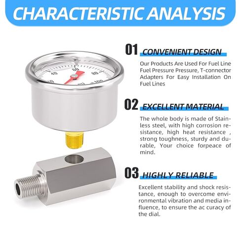 MEANLIN MEASURE 0~100Psi Stainless Steel Glycerin Filled Pressure Gauge 1/8" NPT 1.5" FACE DIAL, with 1/8 NPT Female to Male Oil Pressure Sensor Tee Adapter for Water Oil Air, Back Mount in Saudi Arabia