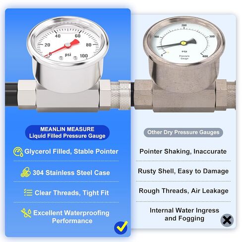 MEANLIN MEASURE 0~100Psi Stainless Steel Glycerin Filled Pressure Gauge 1/8" NPT 1.5" FACE DIAL, with 1/8 NPT Female to Male Oil Pressure Sensor Tee Adapter for Water Oil Air, Back Mount in Saudi Arabia