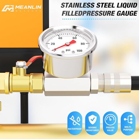 MEANLIN MEASURE 0~100Psi Stainless Steel Glycerin Filled Pressure Gauge 1/8" NPT 1.5" FACE DIAL, with 1/8 NPT Female to Male Oil Pressure Sensor Tee Adapter for Water Oil Air, Back Mount in Saudi Arabia
