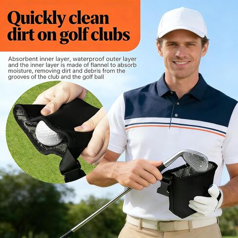 حقيبة تنظيف نادي الجولف وكرة الجولف - منظف أخاديد النادي، ملحقات حقيبة الجولف، تقنية تنظيف الوجه المقاومة للماء، مشبك قابل للفصل، يمكن غسله في الغسالة، هدايا الجولف للرجال (أسود) in Kuwait
