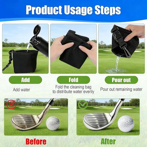 حقيبة تنظيف نادي الجولف وكرة الجولف - منظف أخاديد النادي، ملحقات حقيبة الجولف، تقنية تنظيف الوجه المقاومة للماء، مشبك قابل للفصل، يمكن غسله في الغسالة، هدايا الجولف للرجال (أسود) in Kuwait