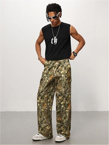 Men's Baggy Camo Pants Y2K Wide Leg Sweatpants Drawstring Waist Work Cargo Pants in Saudi Arabia