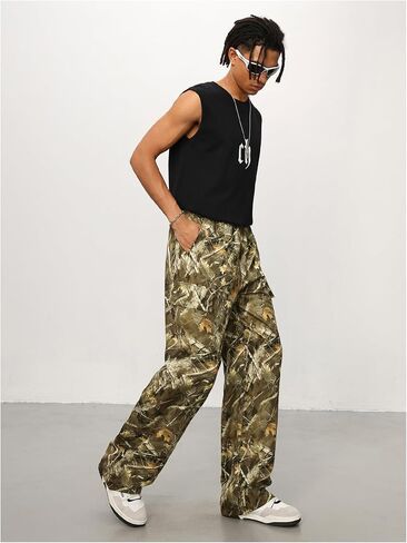 Men's Baggy Camo Pants Y2K Wide Leg Sweatpants Drawstring Waist Work Cargo Pants in Saudi Arabia