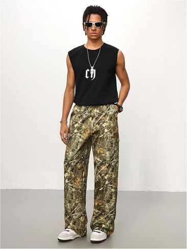 Men's Baggy Camo Pants Y2K Wide Leg Sweatpants Drawstring Waist Work Cargo Pants in Saudi Arabia