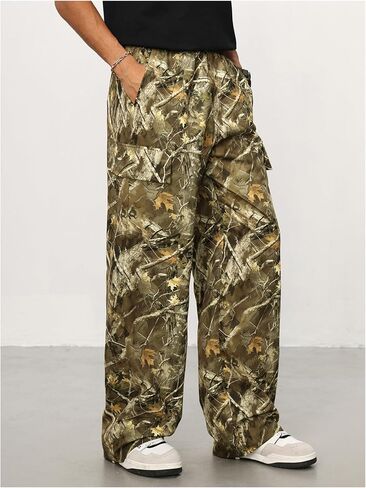 Men's Baggy Camo Pants Y2K Wide Leg Sweatpants Drawstring Waist Work Cargo Pants in Saudi Arabia
