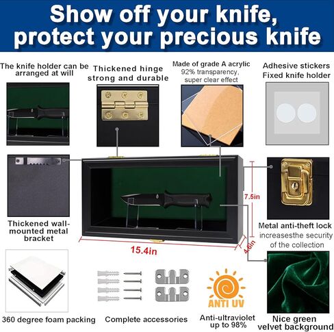 حافظة عرض السكين، صندوق ظل سكين واحد، خزانة مثبتة على الحائط مع حماية من الأشعة فوق البنفسجية، حامل أكريليك قابل للقفل قابل للتعديل، مقاس 15.4 × 7.5 × 4.6 بوصة in Kuwait