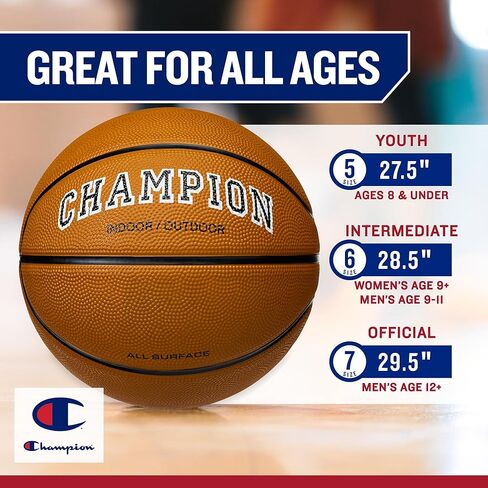 Champion Downtown Basketball - Durable Rubber Cover with Deep Channels for Better Control, Anti-Burst Butyl Bladder, Includes Ball Pump, for Indoor/Outdoor Play in Saudi Arabia